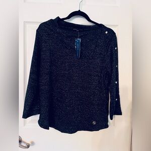 Adrienne Vittadini Black with Silver Shimmer Long Sleeve Top with Button Accents
